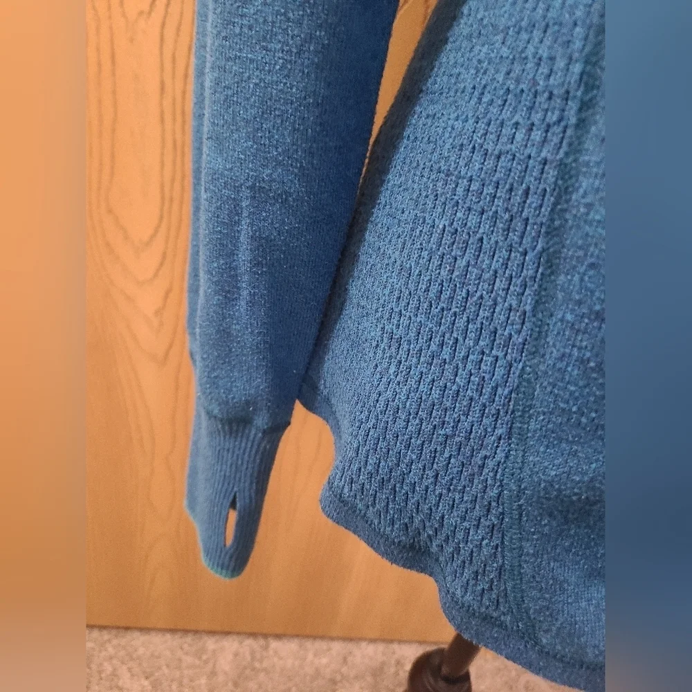 Eddie Bauer Teal Knit Quarter Zip Gorpcore Outdoor Sweatshirt Thumb Holes - Picture 2 of 4